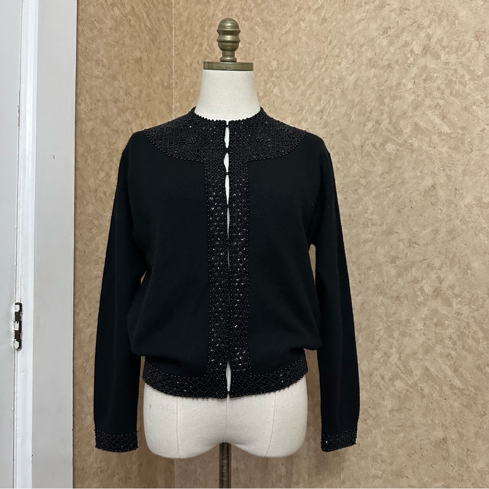 VTG 1950’s Rockabilly Pin Up Swing Beaded Black Cardigan Sweater
